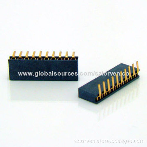 Female Headers, 1.27mm, Single Row, Right Angle, DIP Type, 4.4mm Height, LCP Material, 02 to 40 Pins